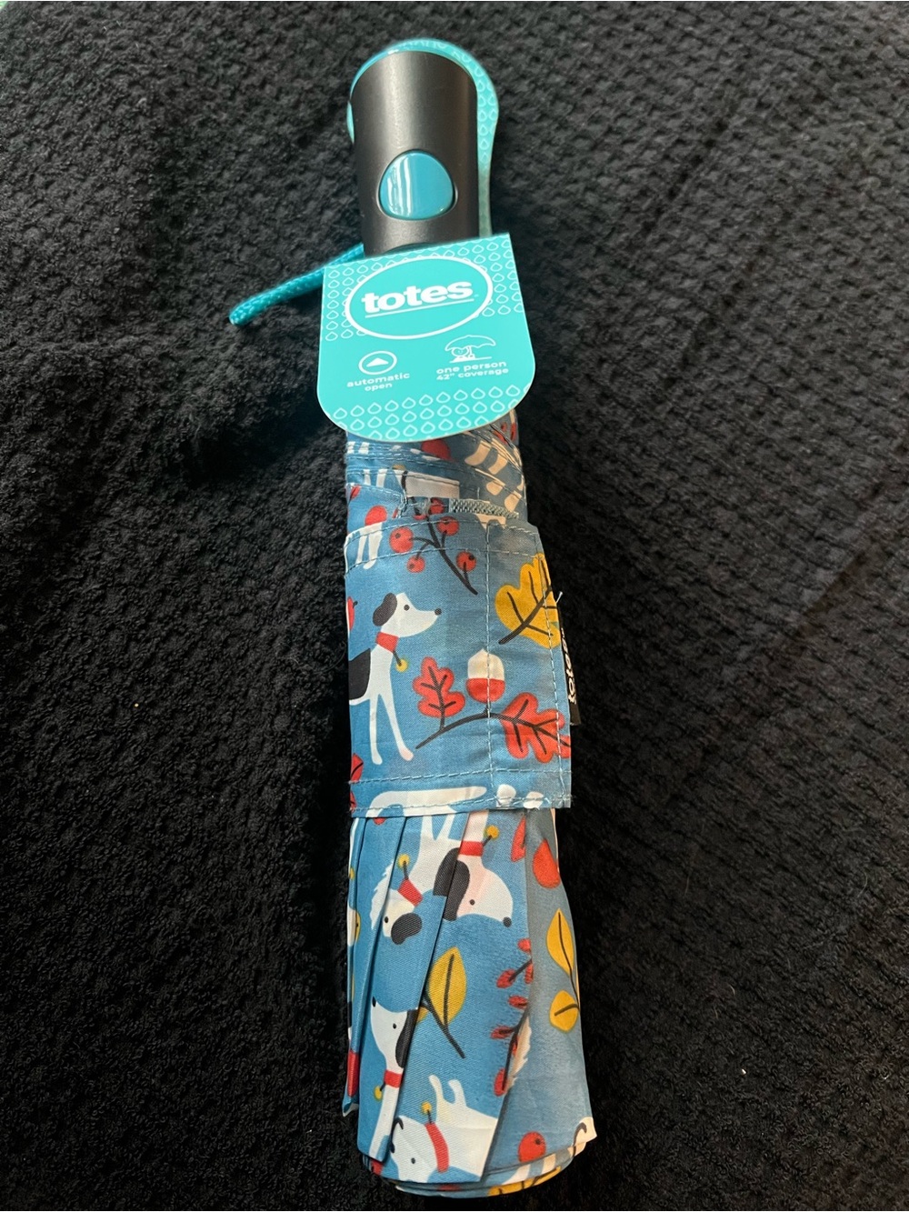 Totes Doggie Print Umbrella in Teal Blue with Animal Print - Picture 2 of 6